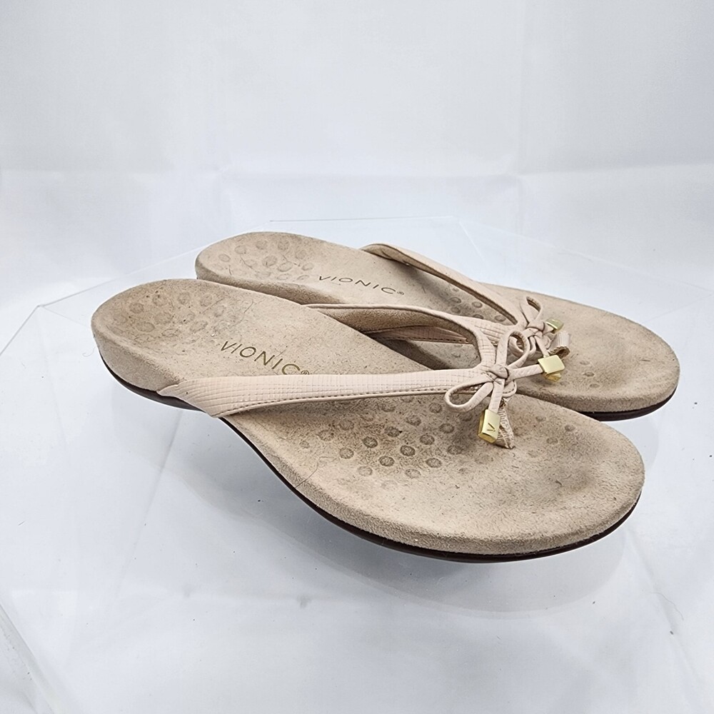 Vionic Bella 8.5 Flip Flop Comfort Thong Sandals Textured Beige Gold Bow Used